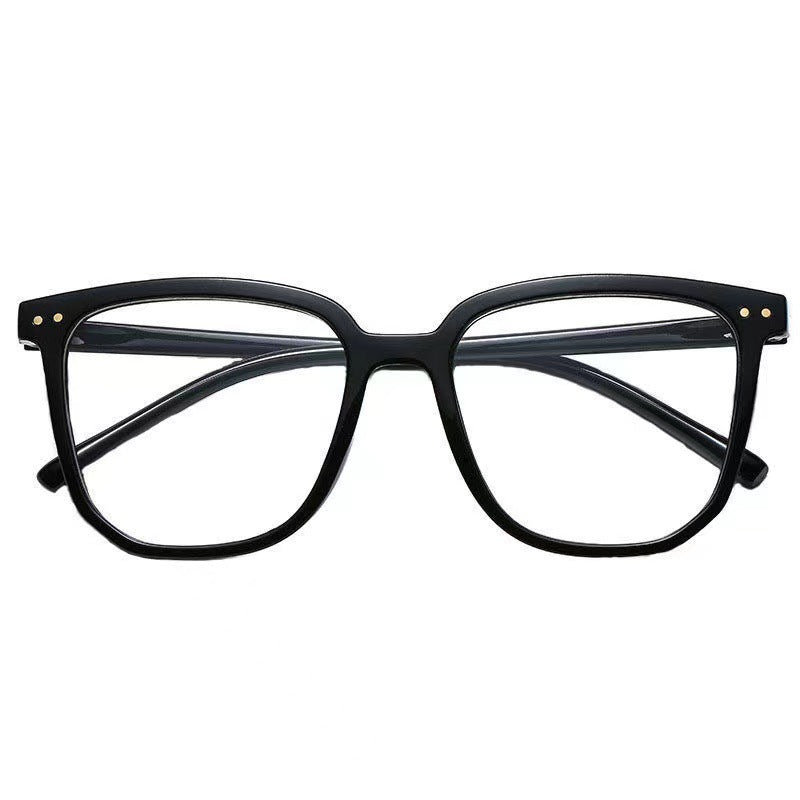 Front view of classic black square eyeglasses on a white background
