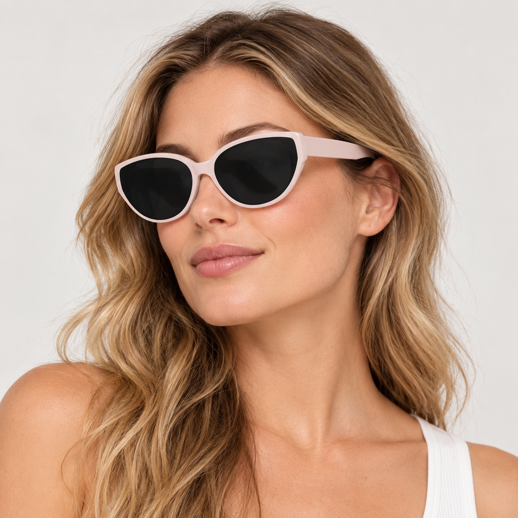 Model wearing Nashi Pear 695 Blush Cat-Eye Sunglasses