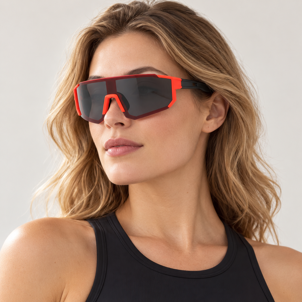 Adult model wearing Nashi Pear T127 Sport Shield Sunglasses