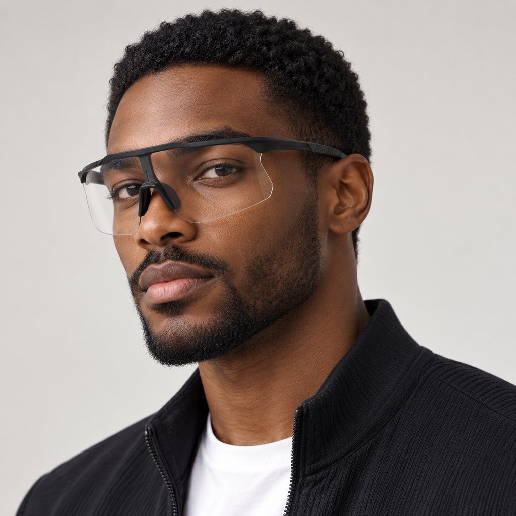 Adult model wearing Nashi Pear Black Shield Cycling Eyewear