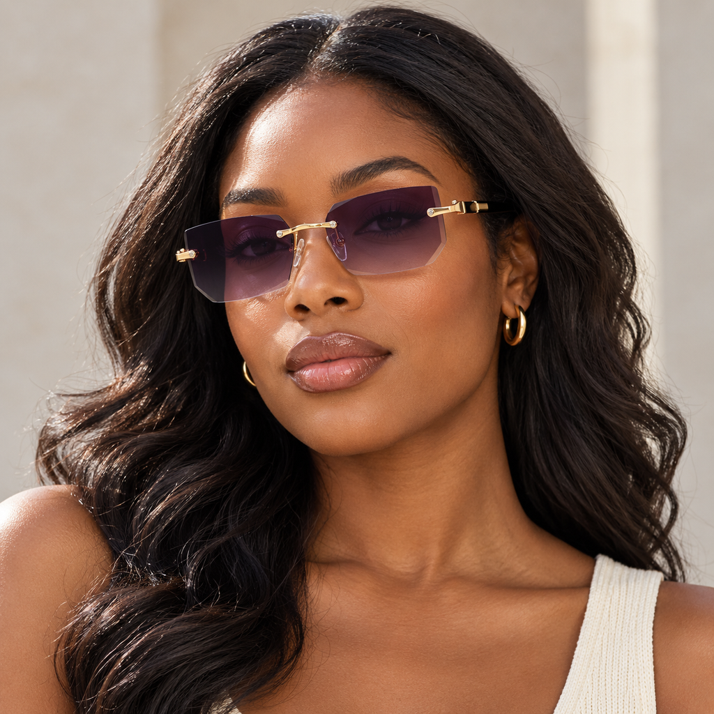 Adult model wearing Nashi Pear 31252 Rimless Geometric Sunglasses