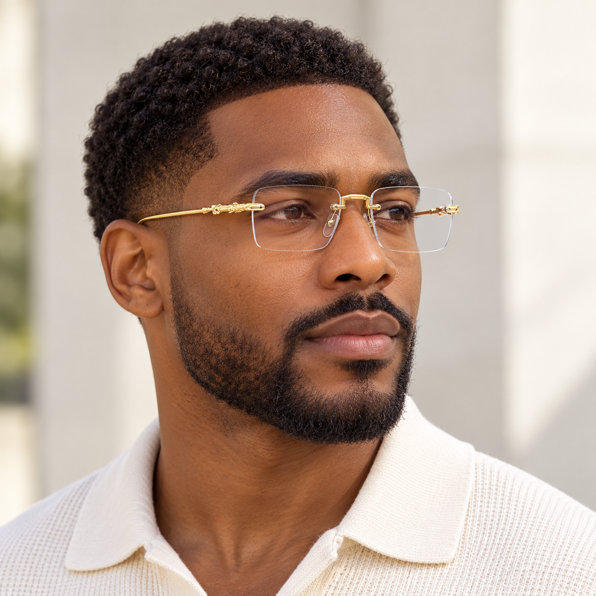 Adult model wearing Nashi Pear 2190 Rimless Rectangular Eyeglasses