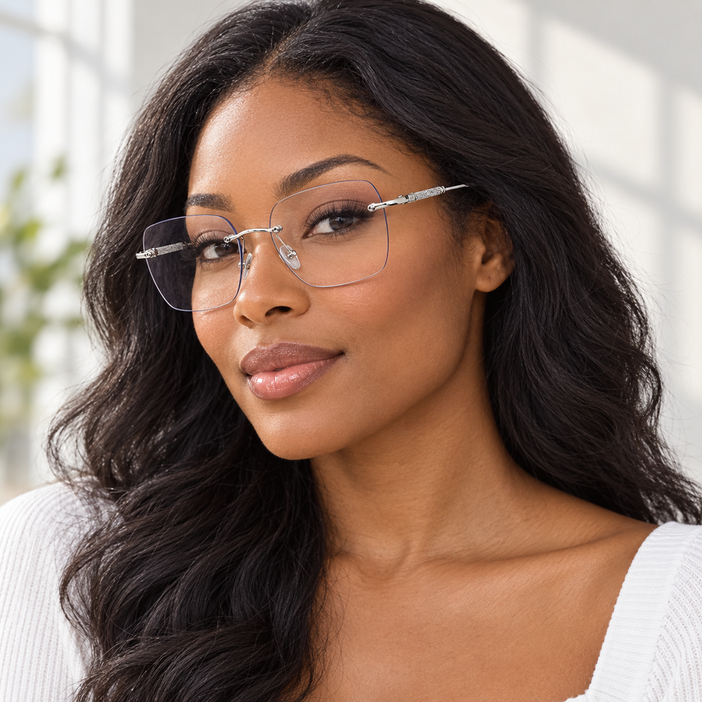 Adult model wearing Nashi Pear 6005 Rimless Square Eyeglasses