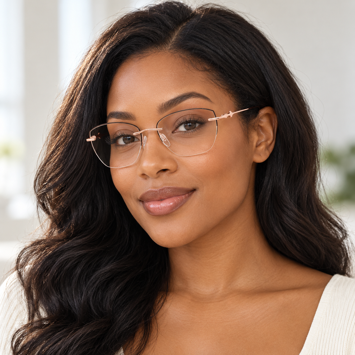 Adult model wearing Nashi Pear 60021 Rimless Square Eyeglasses