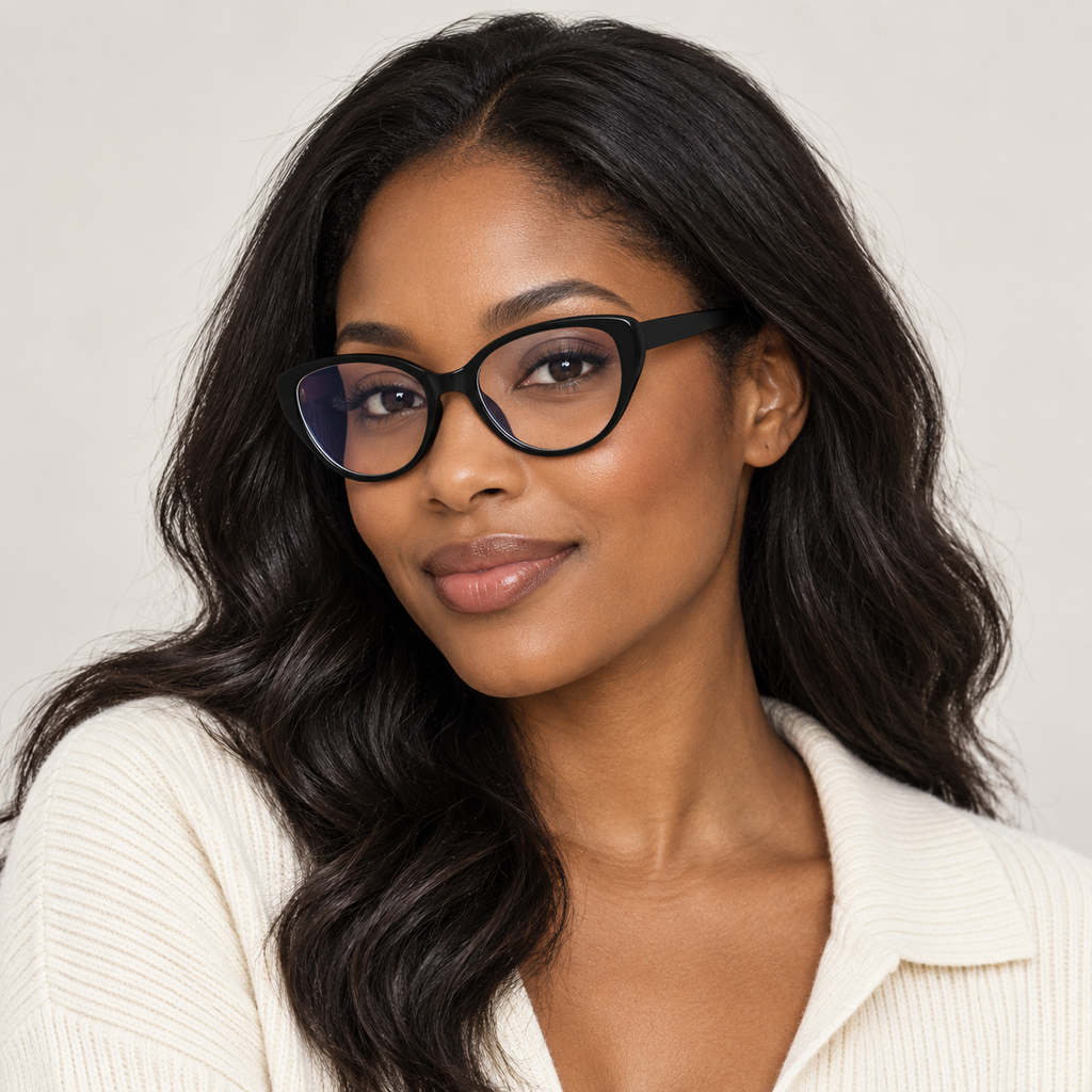 Adult model wearing Nashi Pear 9638 Black Cat-Eye Glasses