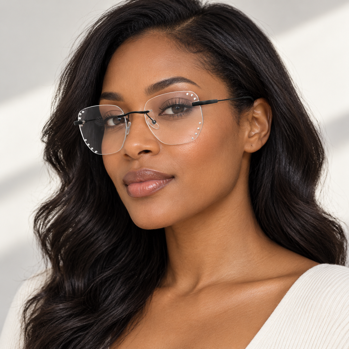 Adult model wearing Nashi Pear 3316 Rimless Square Glasses