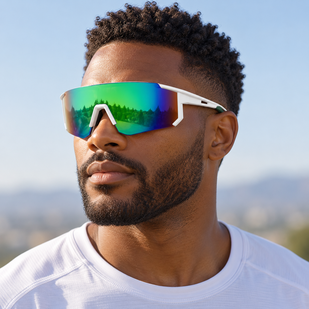 Adult model wearing Nashi Pear T122 Sport Shield Sunglasses
