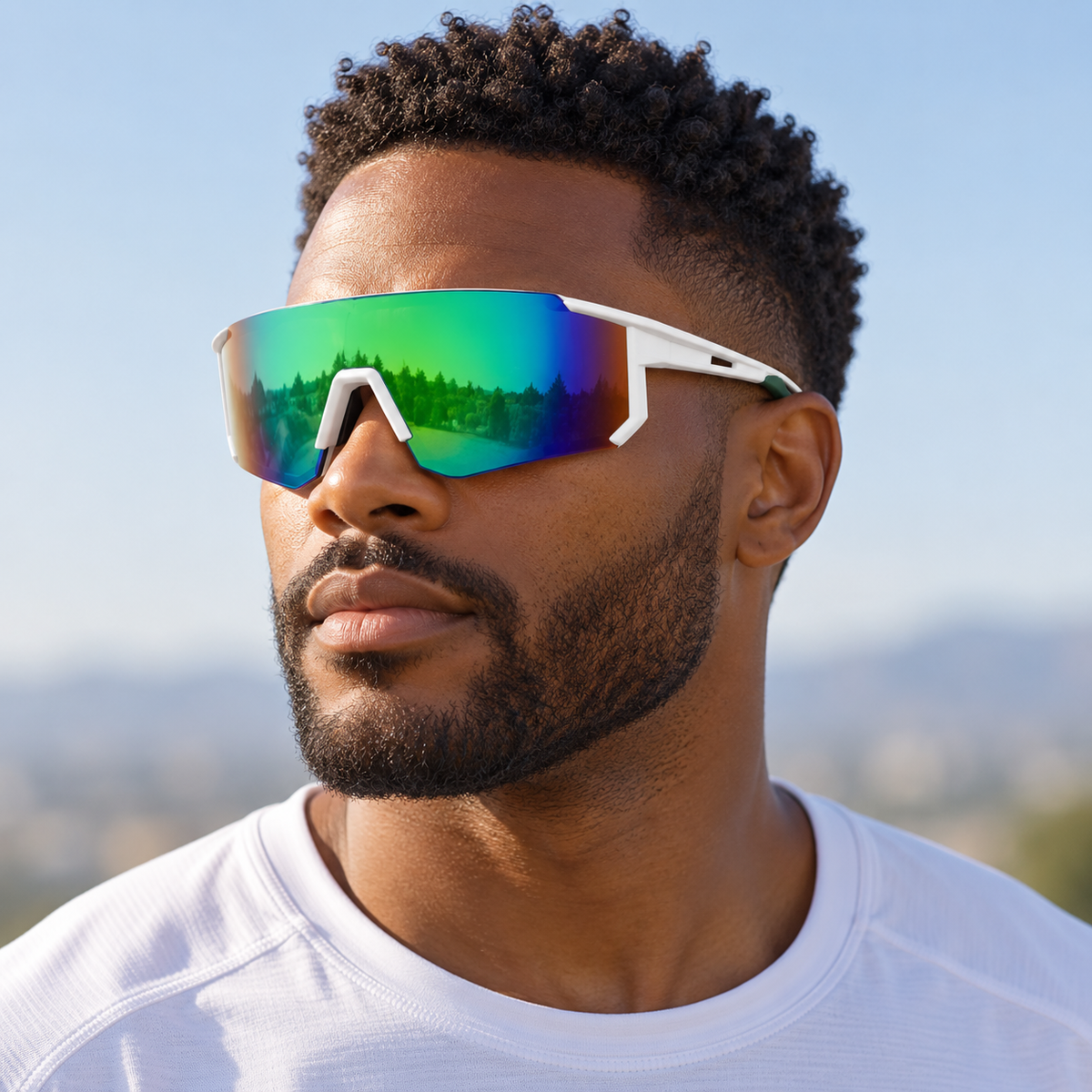 Adult model wearing Nashi Pear T122 Sport Shield Sunglasses