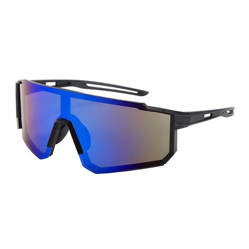 Nashi Pear Angular Shield Sunglasses: Black Frame / Blue Mirrored Lenses
