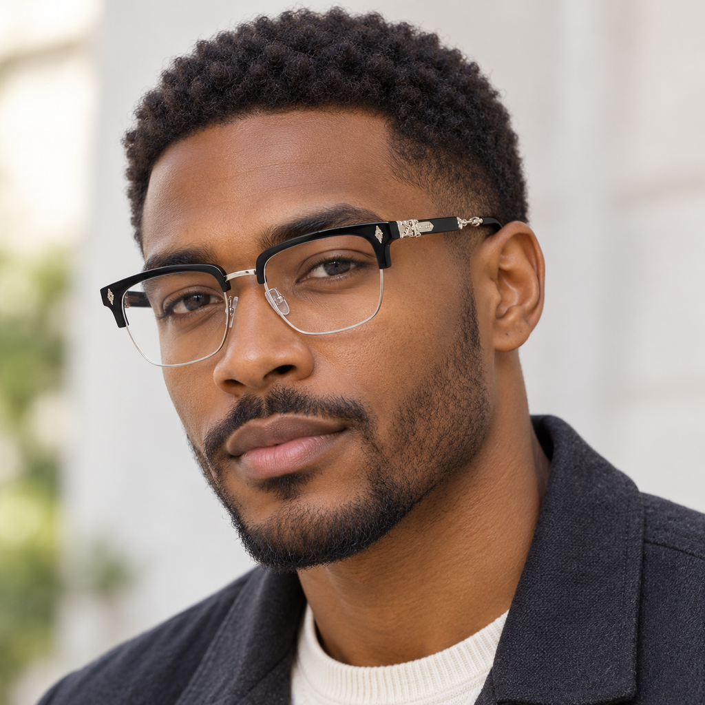 Adult model wearing Nashi Pear 2275 browline eyeglasses
