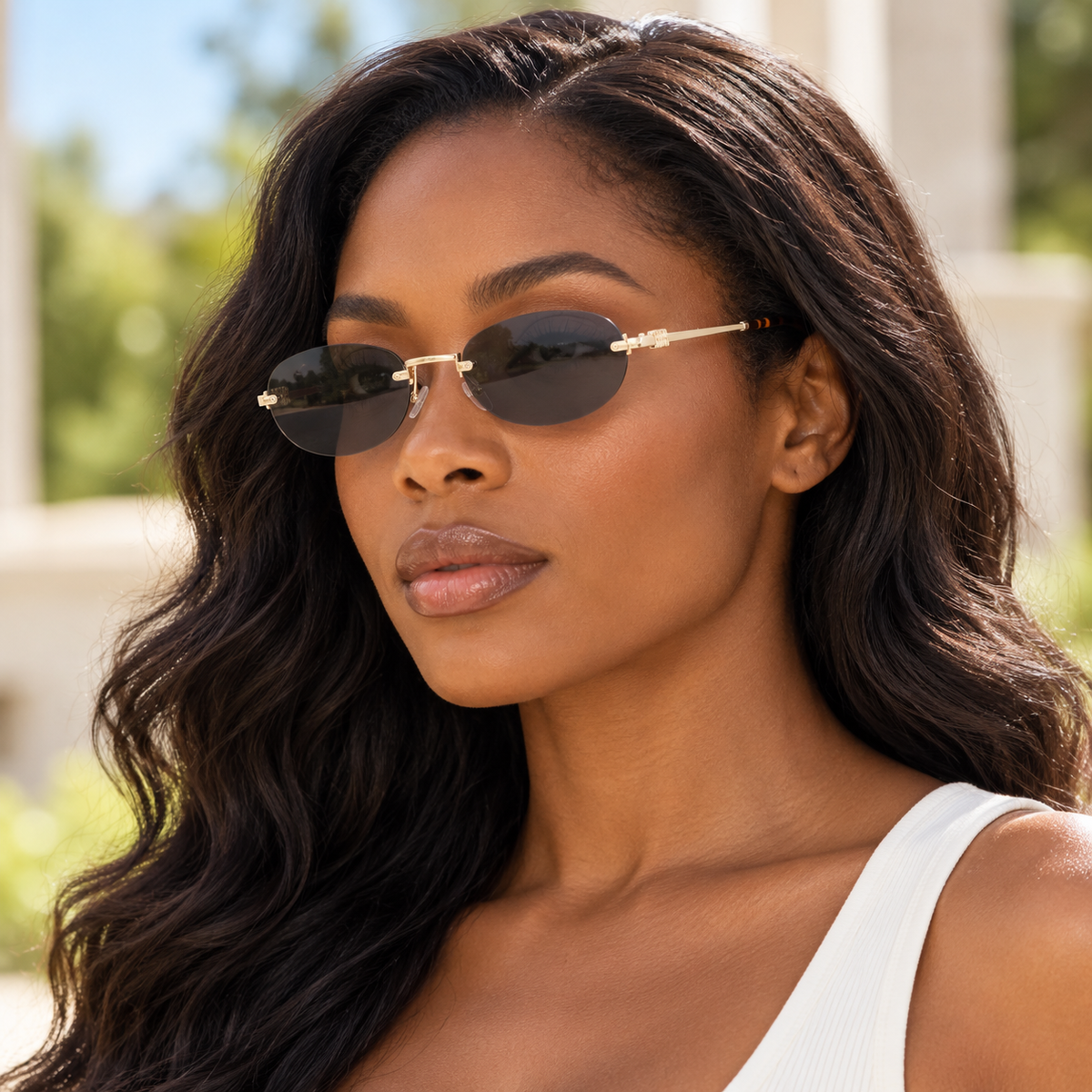 Adult model wearing Nashi Pear 9942 Oval Sunglasses