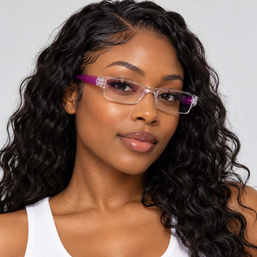 Adult model wearing Nashi Pear 8002 Clear Rectangular Glasses