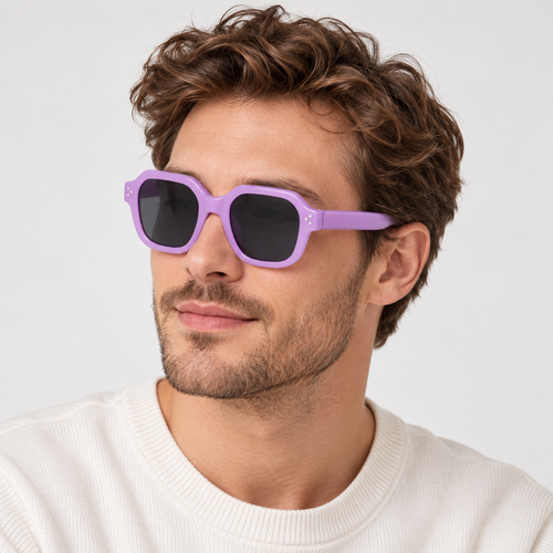 Adult model wearing Nashi Pear 1084 Lavender Geometric Sunglasses