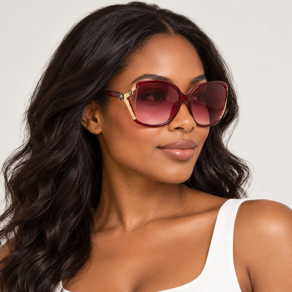 Adult model wearing Nashi Pear Red Geometric Sunglasses