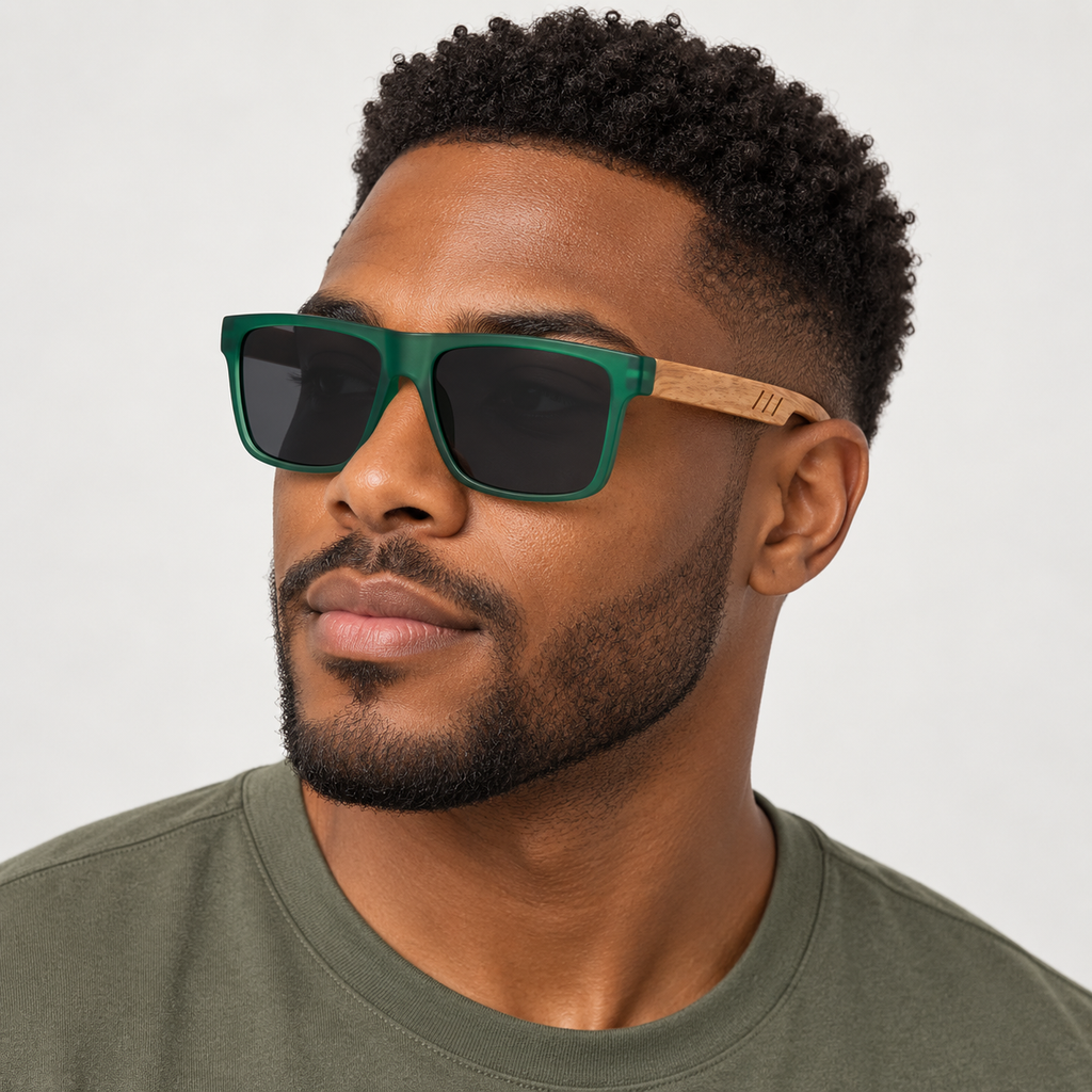 Adult model wearing Nashi Pear MW01 rectangular sunglasses