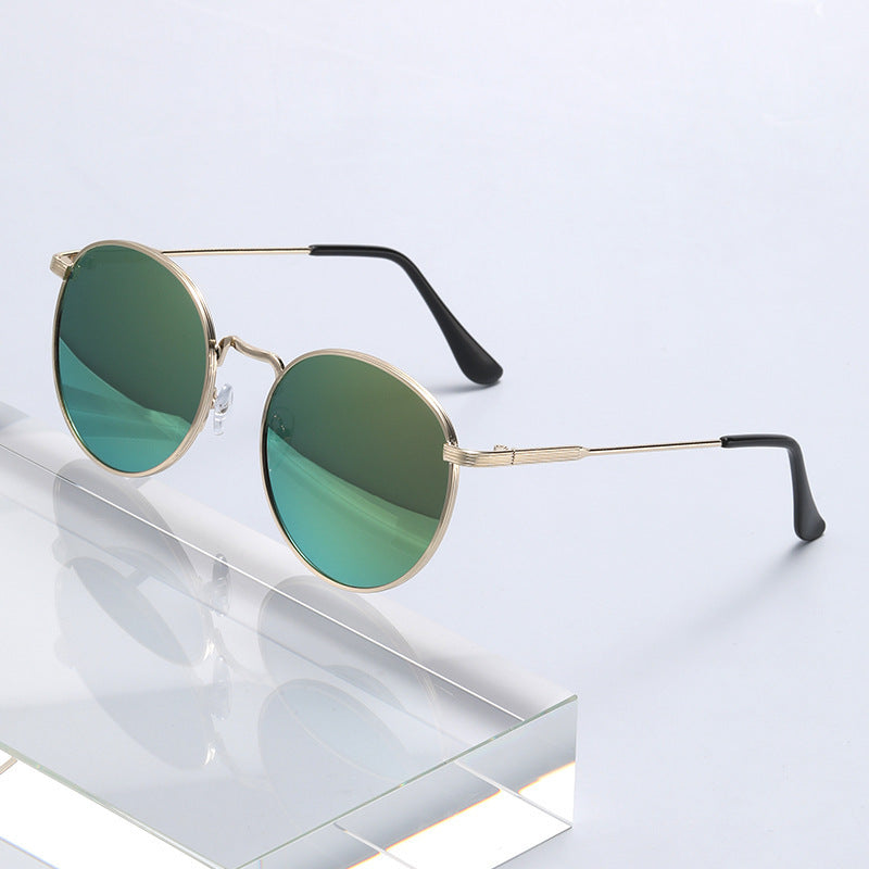 Nashi Pear 1808 Round Sunglasses, Gold frame with green mirrored lenses